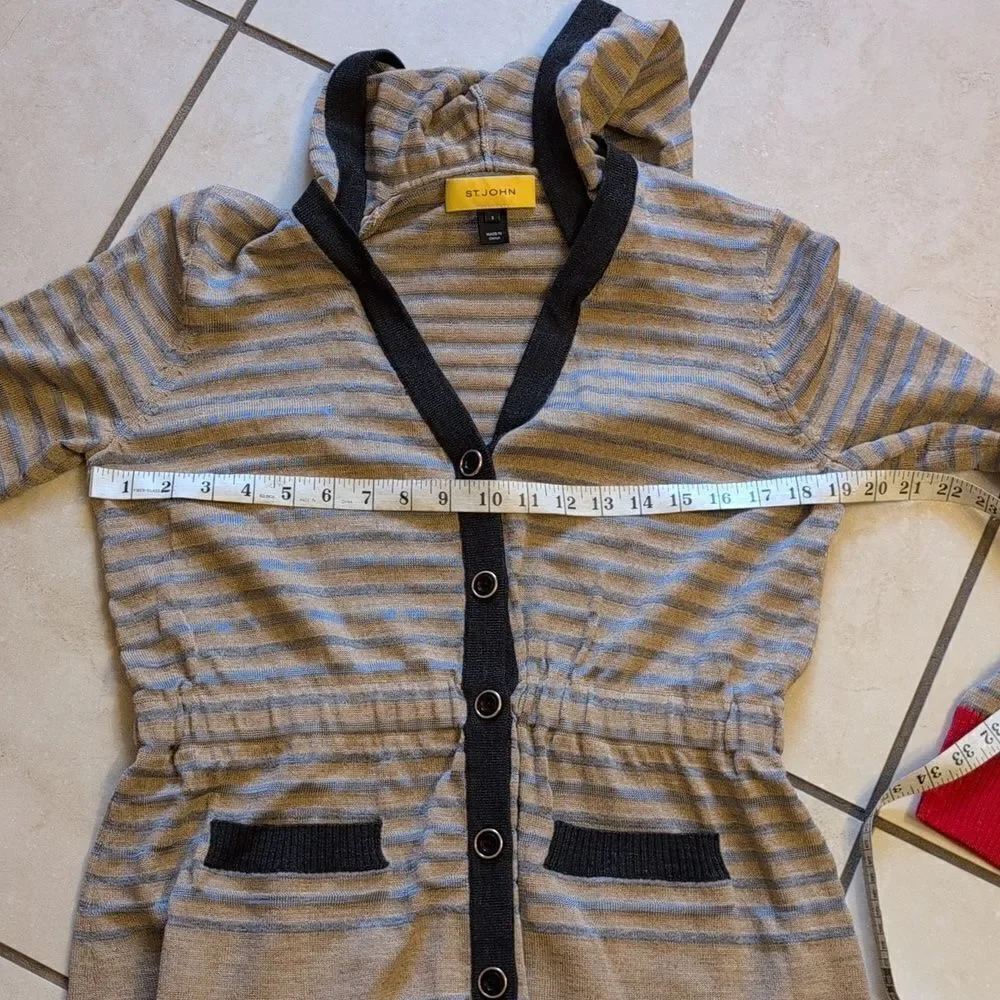 St. John hooded knit sweater cream striped cardigan buttondown size S